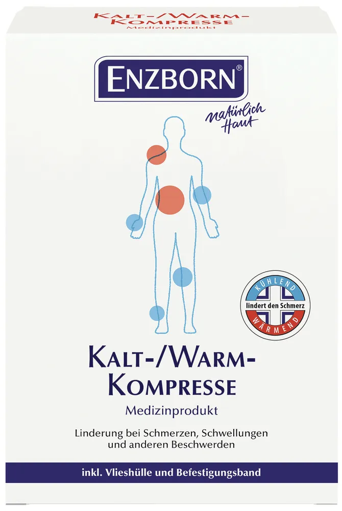 Verpackung der Kalt-Warm-Kompresse mit Körper-Illustration, die Wärme- und Kälteanwendungsbereiche zeigt.