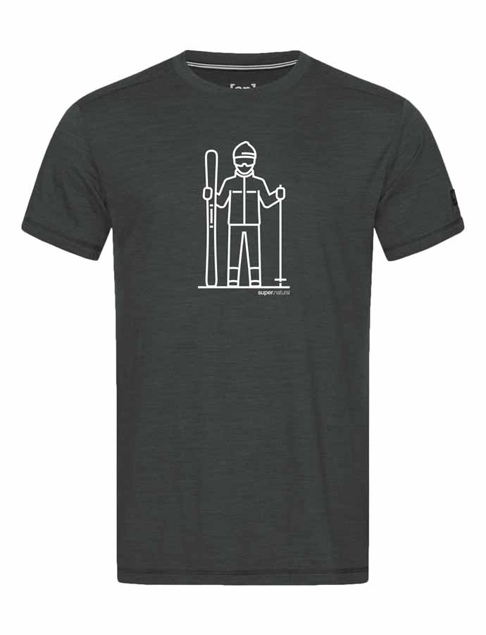 Stilvolles Skifahrer T-Shirt Graues T-Shirt mit weißem Aufdruck eines stilisierten Skifahrers.