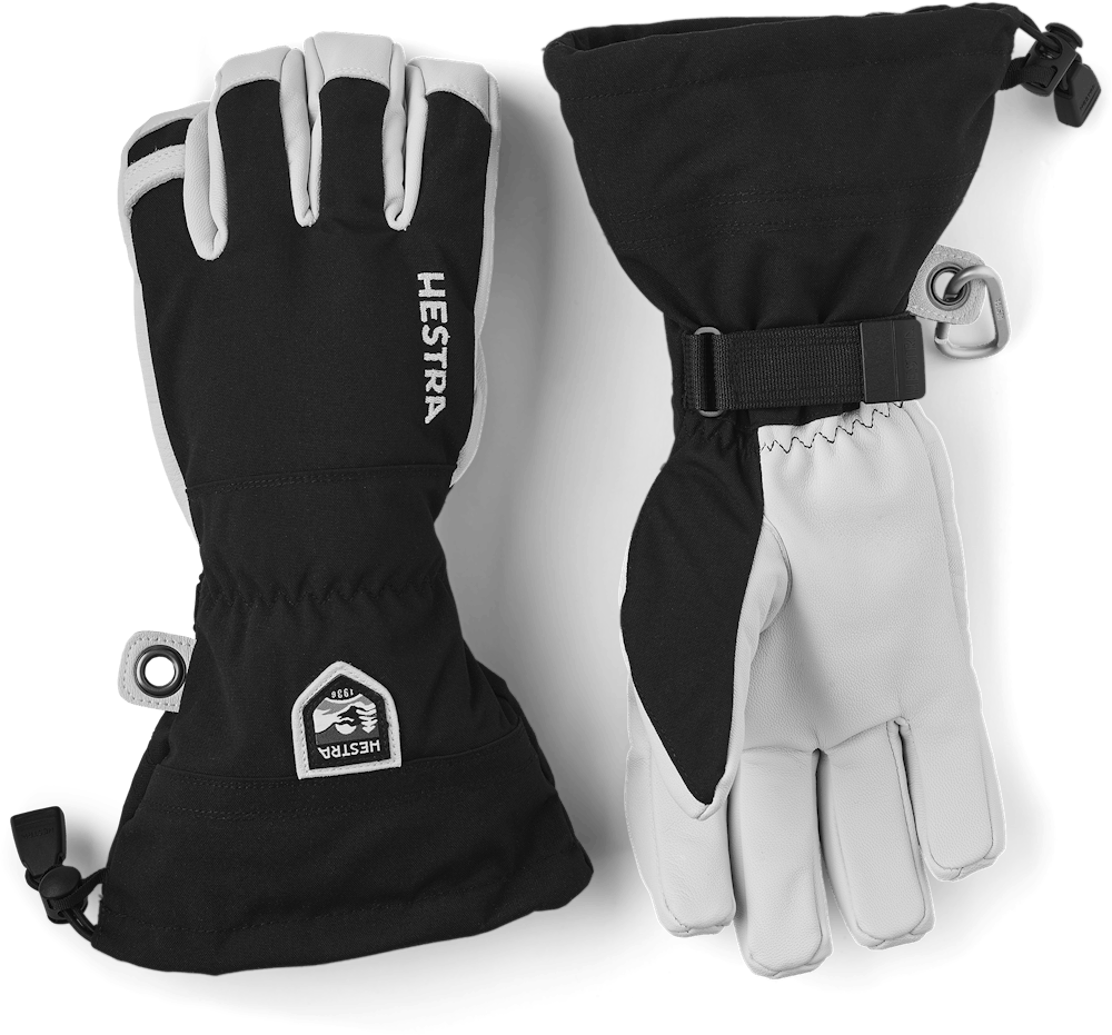 Zwei Hestra Army Leather Heli Ski Mitts, eine mit Handfläche nach oben, die andere nach unten.