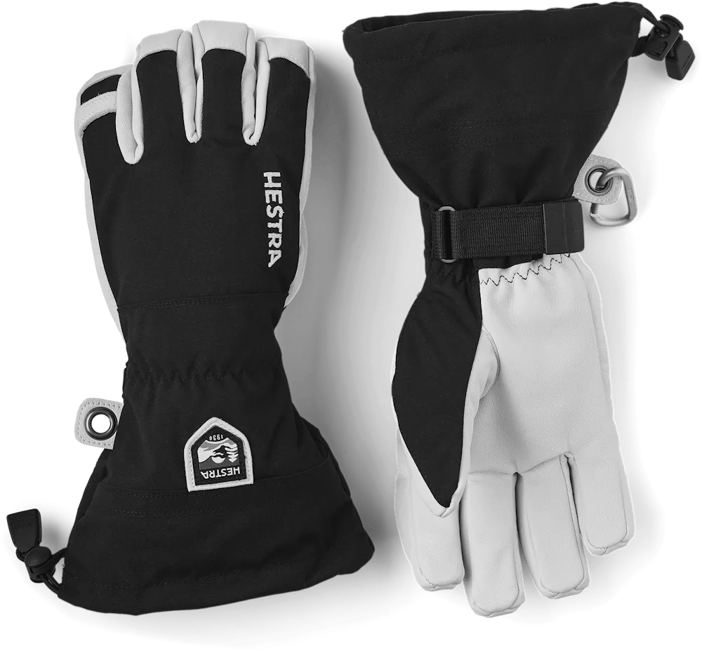 Zwei Hestra Army Leather Heli Ski Mitts, eine mit Handfläche nach oben, die andere nach unten.