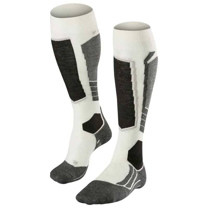 Zwei Falke SK2 Damen Skiing Kniestrümpfe in Schwarz und Weiß, von vorne fotografiert.
