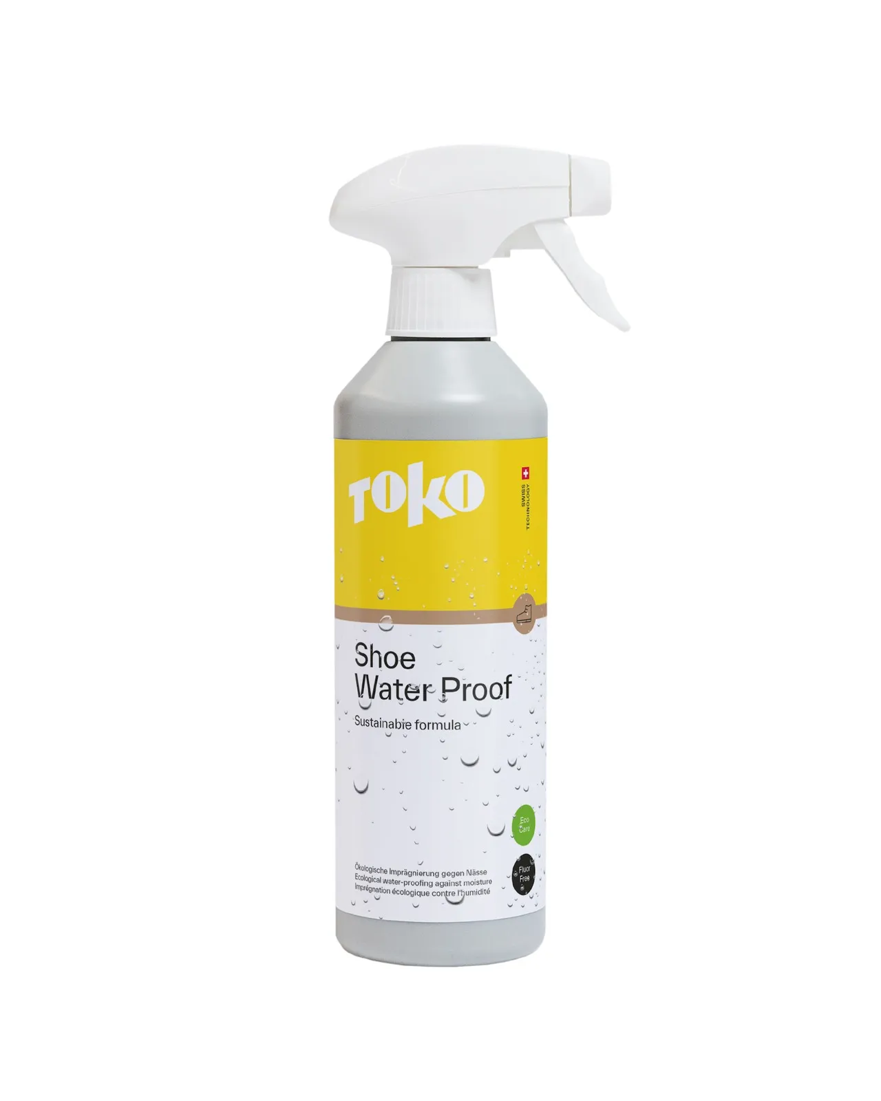 Graue Sprühflasche "TOKO Shoe Water Proof" mit weißem Sprühkopf und gelb-weißer Beschriftung.