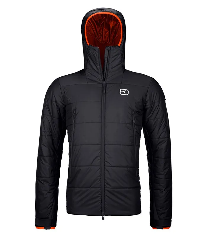 Schwarze Zinal Jacket für Herren mit Kapuze und orangefarbenem Futter, Frontansicht.