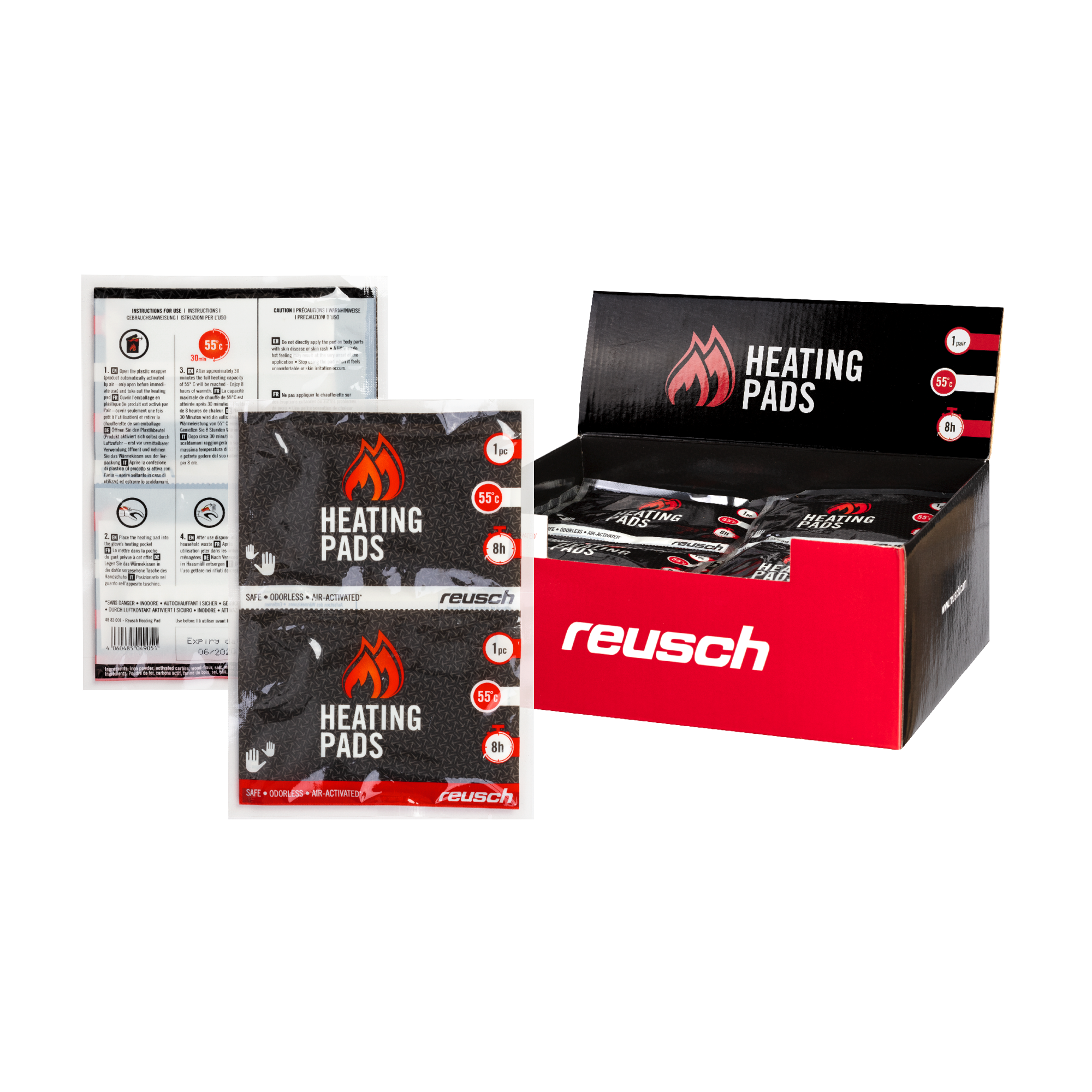 Reusch Heizkissen rot Heizkissen der Marke Reusch, verpackt und lose, mit Hinweisen und in roter Verkaufsverpackung.