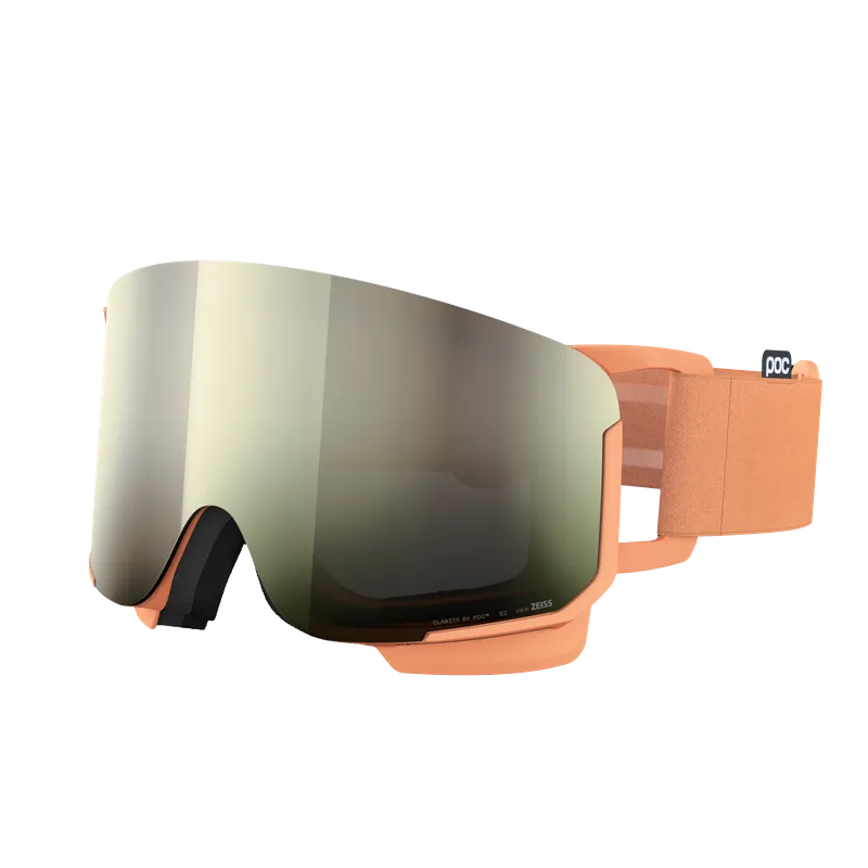 Orangefarbene Skibrille mit großem, verspiegeltem Glas und schwarzem Schaumstoff an der Innenseite.