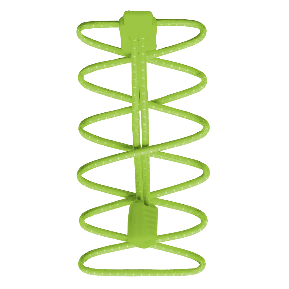 Grüne, elastische Run Laces mit Schnallen zur Fixierung. Spiralförmiges Design für sicheren Halt.