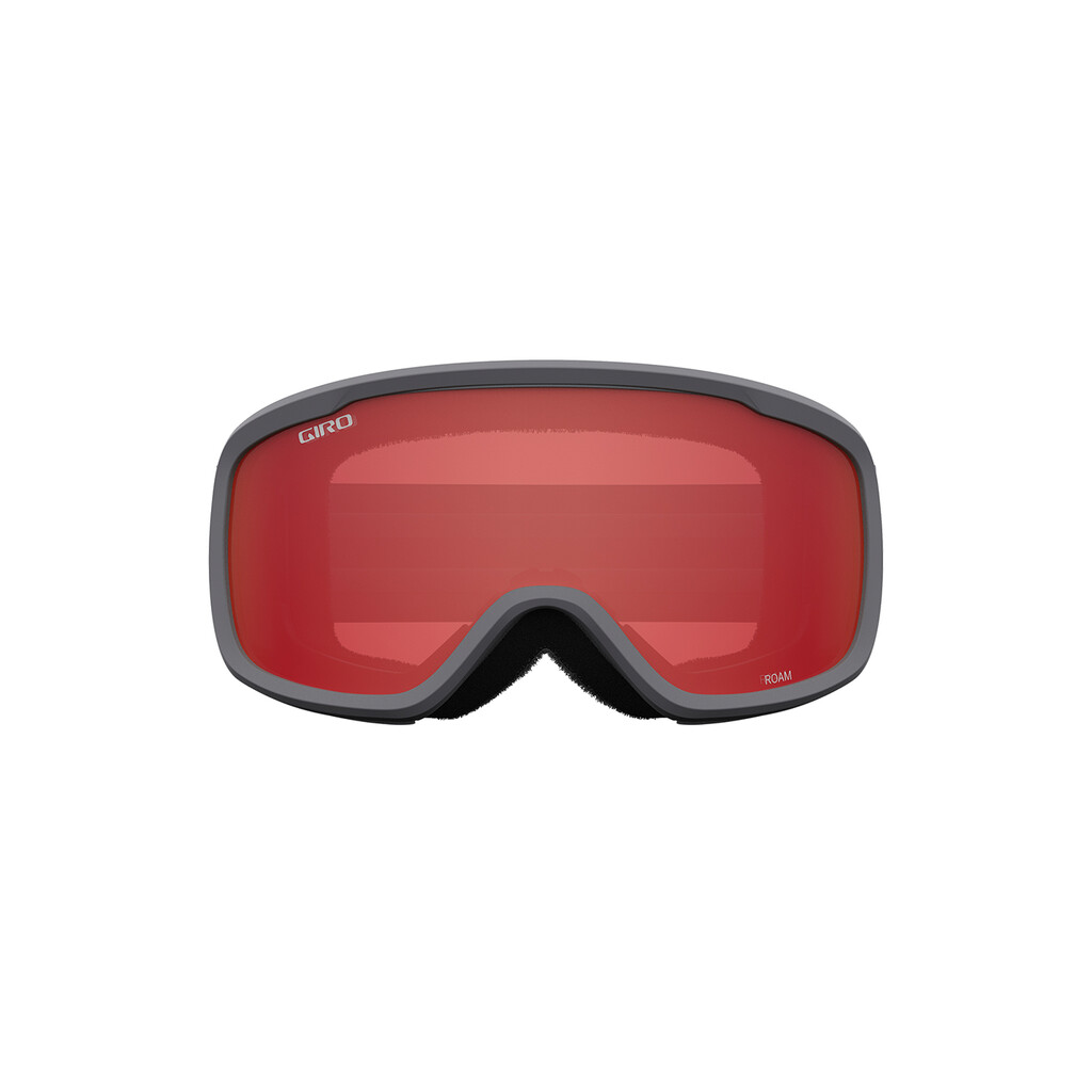 Graue Giro Roam Skibrille mit roter Scheibe frontal vor neutralem Hintergrund.