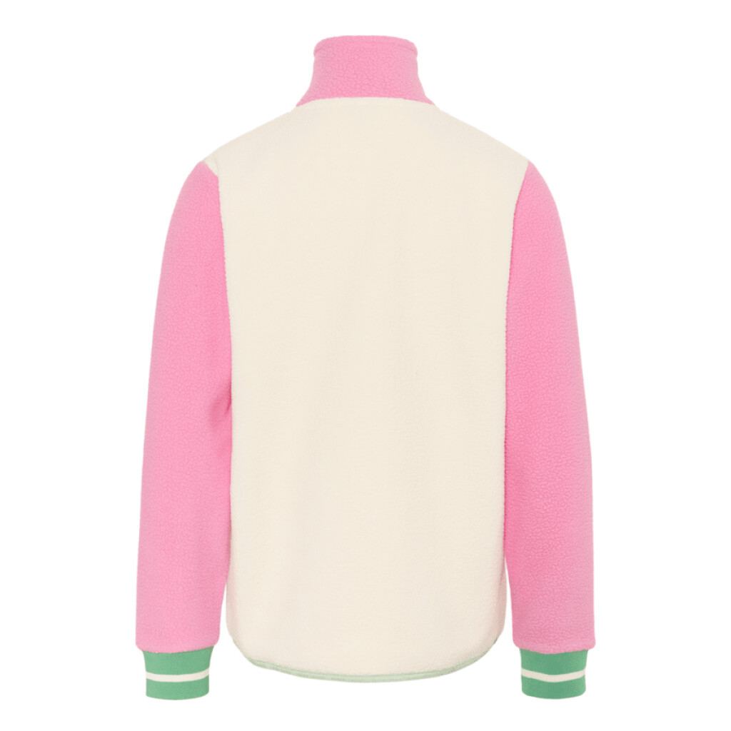 Rückansicht eines Kari Traa Rothe Midlayer aus Fleece in Weiß mit pinken Ärmeln und grün-weiß gestreiften Bündchen.