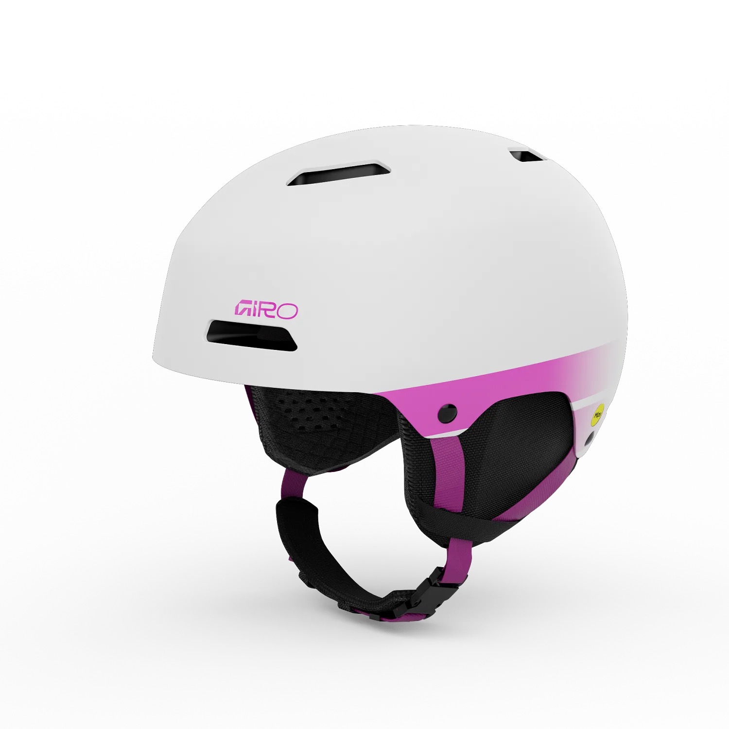 Weißer Skihelm mit Belüftungslöchern, Logo und pinkfarbenem Streifen. Kinnriemen mit Schnalle und Ohrenschützern.