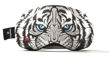 Skibrillen-Schutzhülle mit weißem Tigerkopf und blauen Augen.