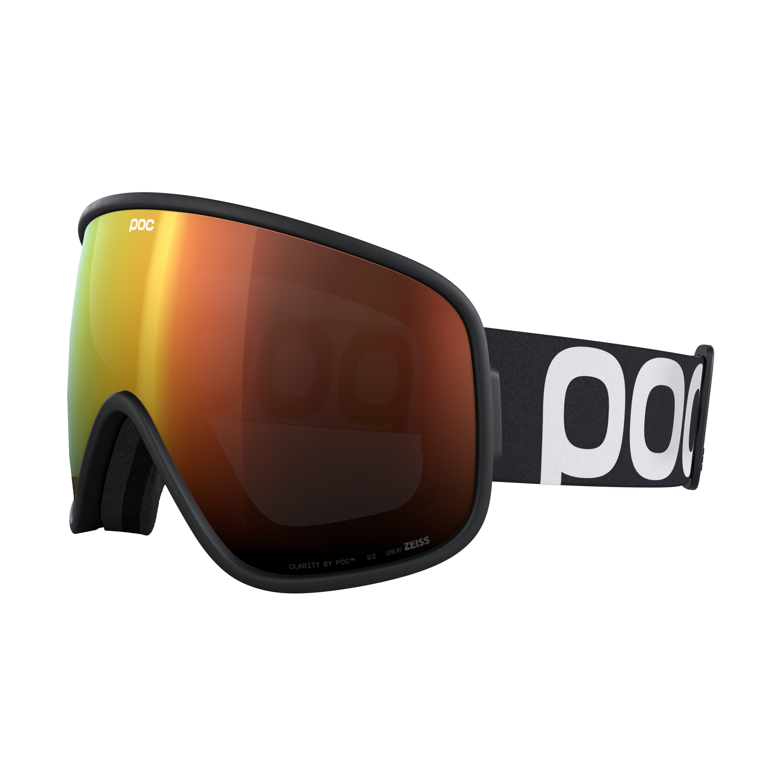 Skibrille POC Vitrea, schwarzer Rahmen, orange getönte Linse, seitliches POC-Logo am Band.
