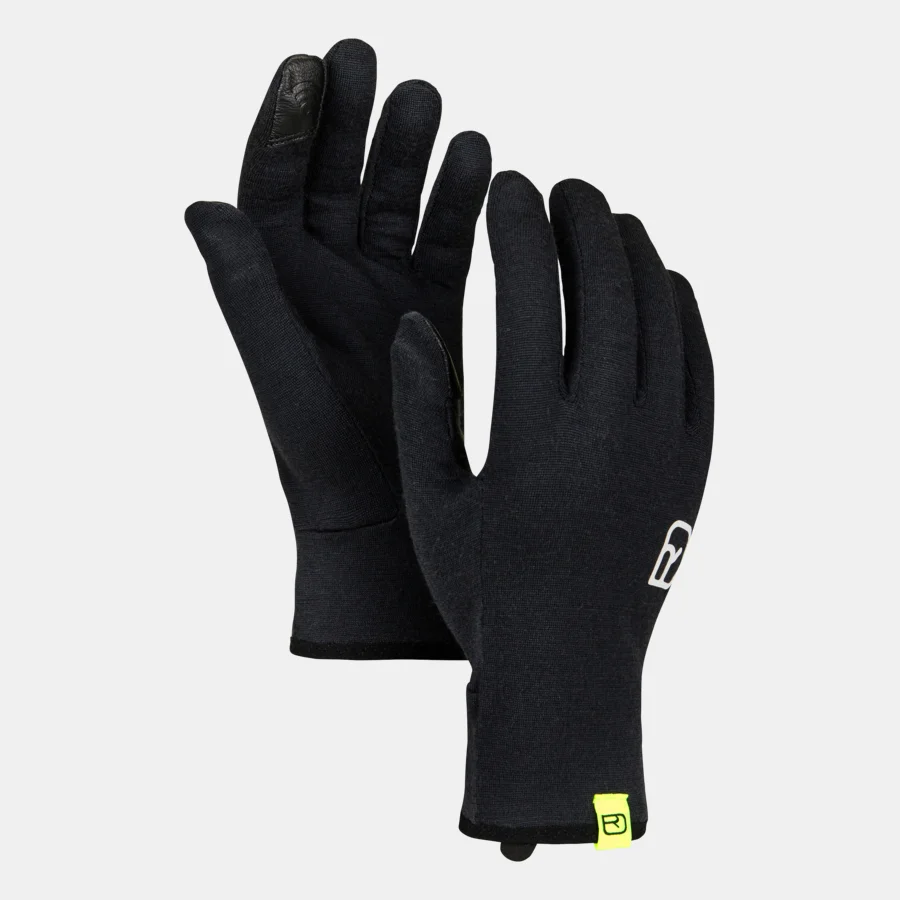 Schwarze Wollhandschuhe Schwarze Rock n Wool Glove Liner Men mit Smart-Finger, liegen uebereinander. Logo sichtbar.