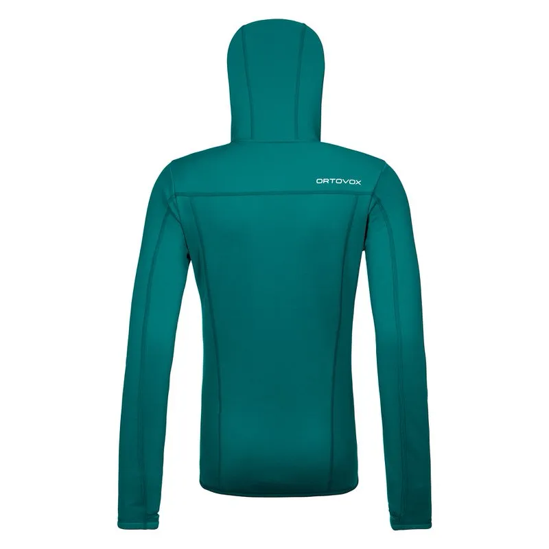 Rückansicht eines türkisfarbenen Ortovox Fleece Hoody mit Kapuze und langen Ärmeln.