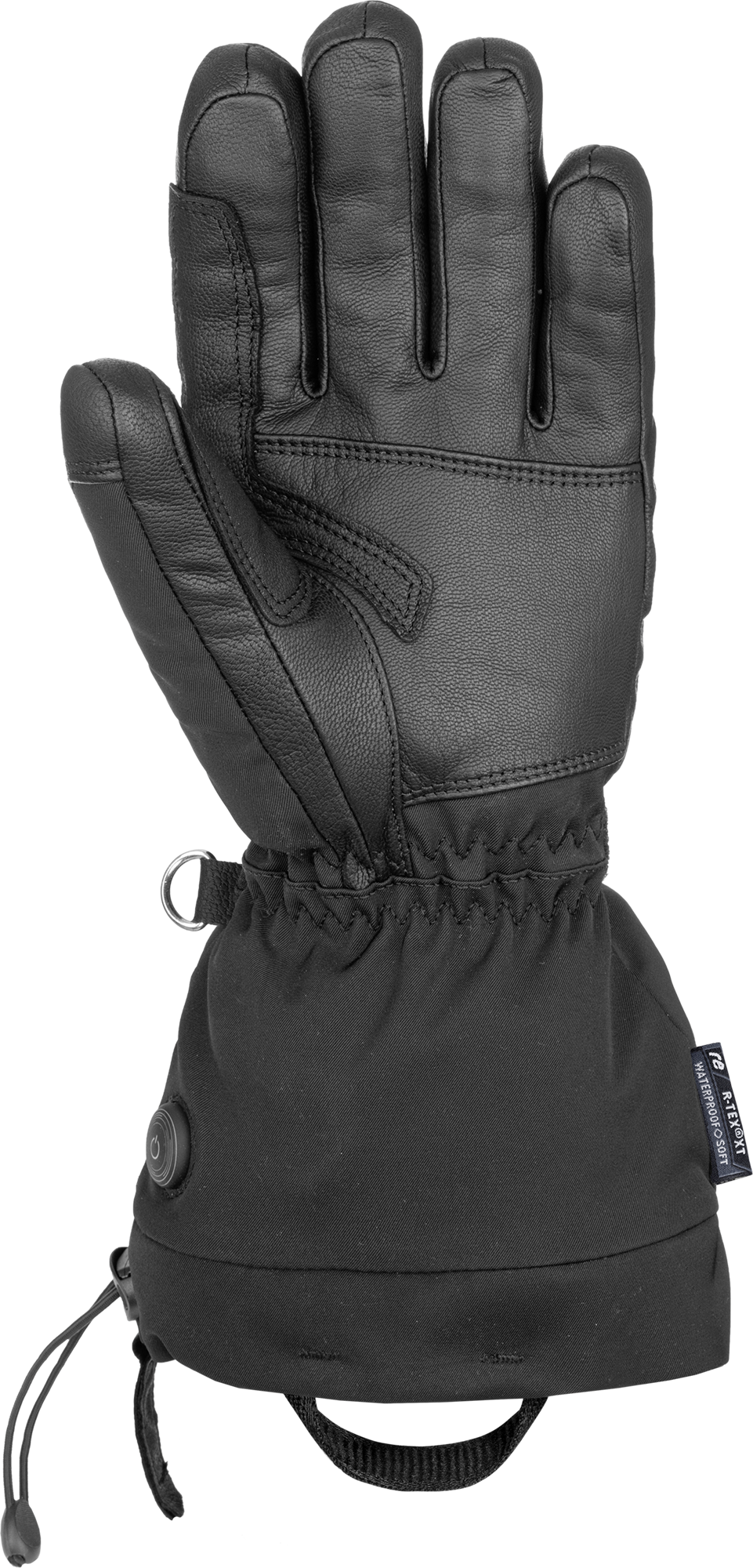 Reusch Heizskihandschuh Schwarzer Reusch Instant Heat r-tex XT beheizbarer Skihandschuh, Handfläche aus Leder, Bündchen aus Stoff, Knopf für Heizstufen.