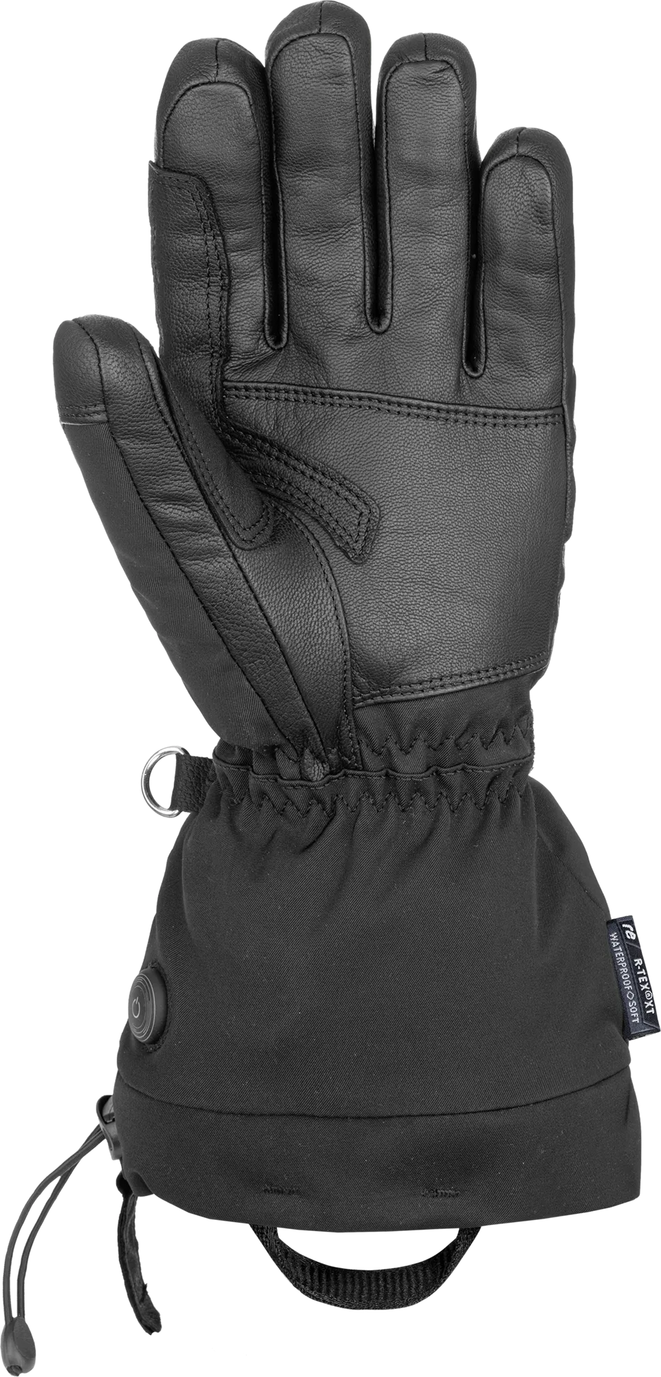 Schwarzer Reusch Instant Heat r-tex XT beheizbarer Skihandschuh, Handfläche aus Leder, Bündchen aus Stoff, Knopf für Heizstufen.