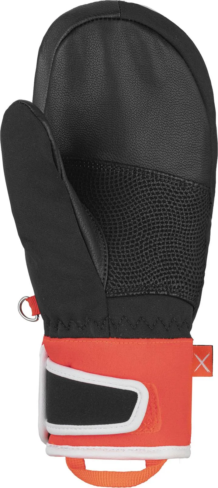 Detailansicht des Reusch Worldcup Warrior GS Junior Mitten, Leder, Textil und oranger Bund.