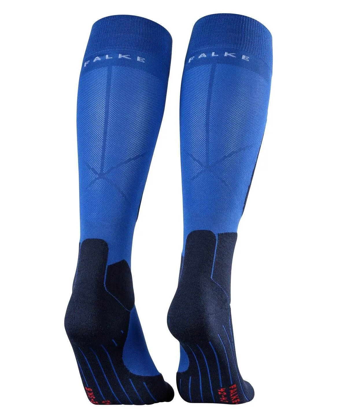 Blau-schwarze Falke SK5 Skistrümpfe mit Schriftzug, seitlich und von hinten, für Wettkampf und Custom-Fit-Skischuhe.