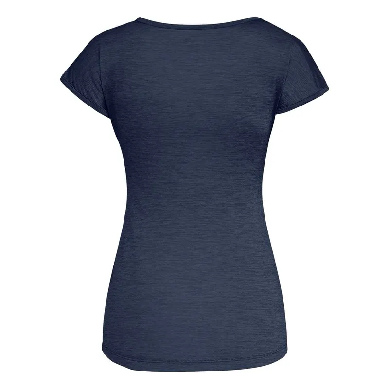 Rückansicht eines marineblauen Damen T-Shirts mit Melange-Optik und kurzen Ärmeln.
