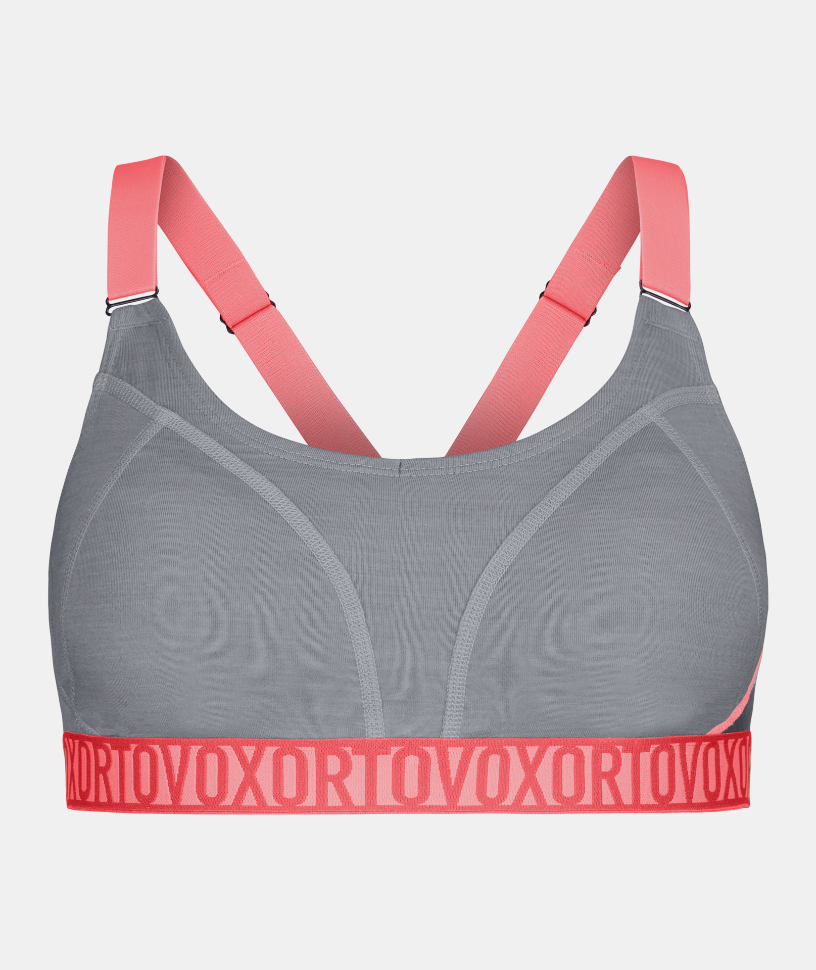 Graues Racerback-Sporttop Graues Sports Top mit Racerback-Schnitt und rosafarbenen Trägern, das "ORTOVOX" Logo ist auf dem rosafarbenen Band abgebildet.