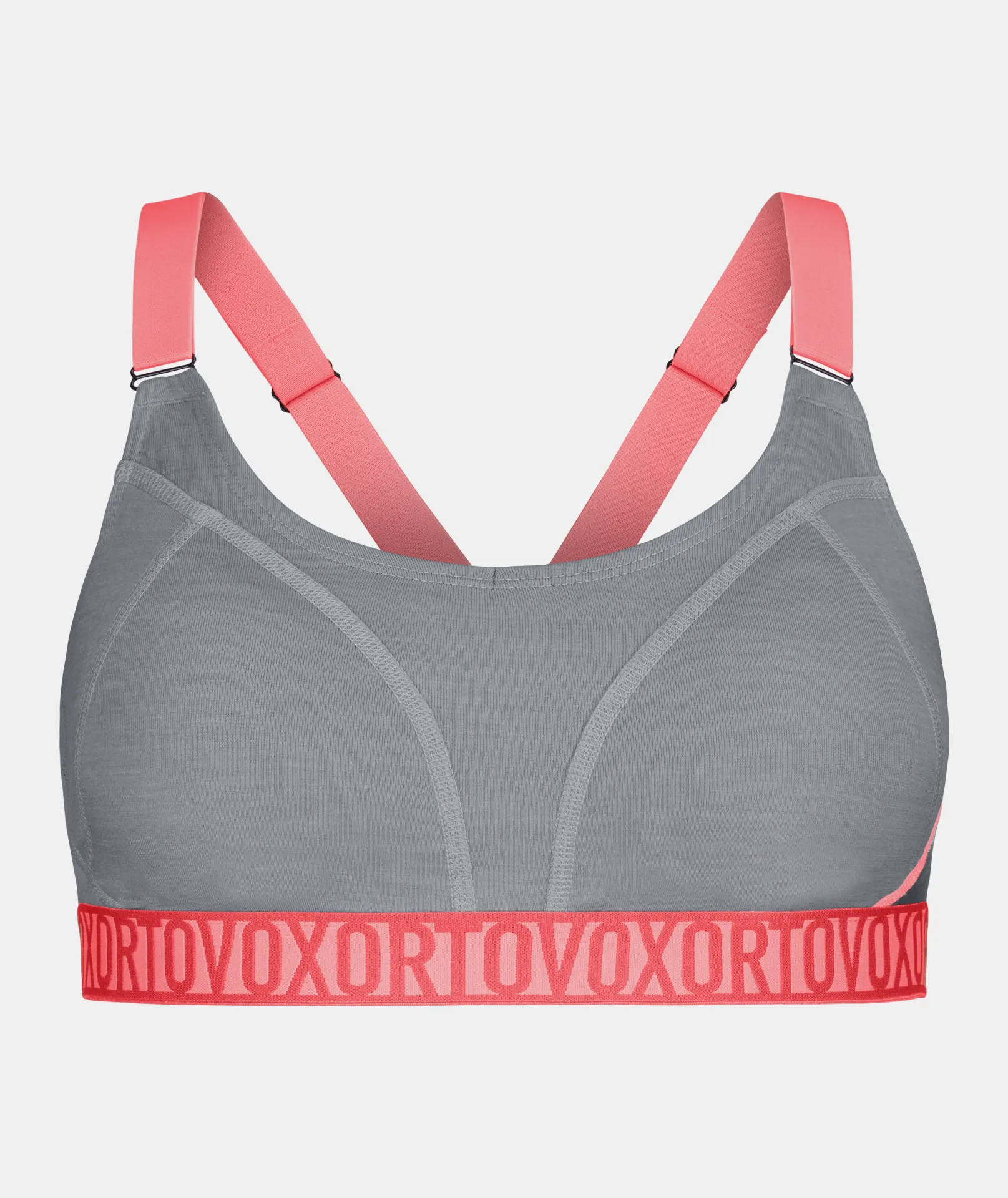Graues Sports Top mit Racerback-Schnitt und rosafarbenen Trägern, das "ORTOVOX" Logo ist auf dem rosafarbenen Band abgebildet.