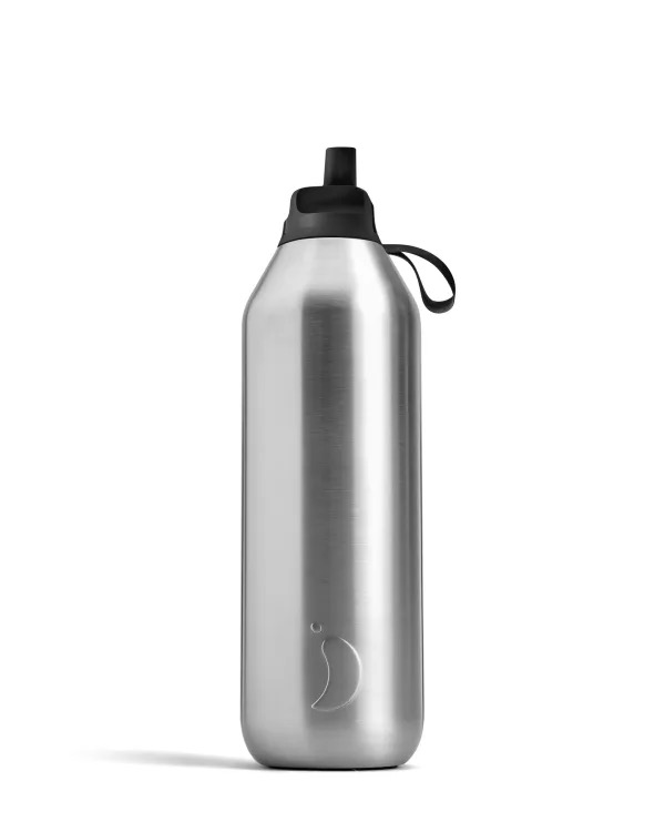Edelstahl Trinkflasche, 1L, gebürstet, mit schwarzem Flip-Deckel und Trageschlaufe.