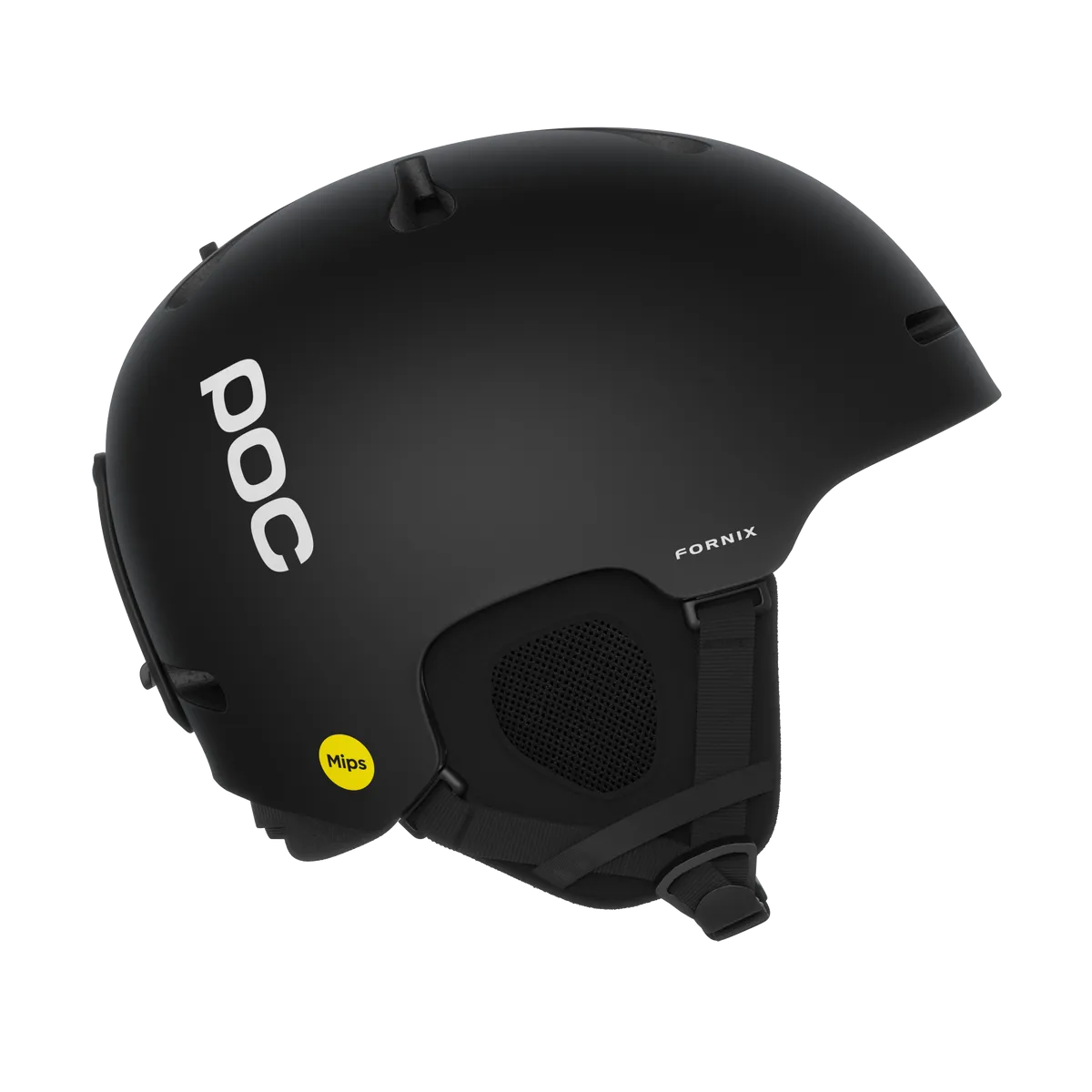 Schwarzer Skihelm Poc Fornix Mips. Das Poc-Logo ist auf der Seite des Helms sichtbar. Das Mips-Logo befindet sich am unteren Rand.