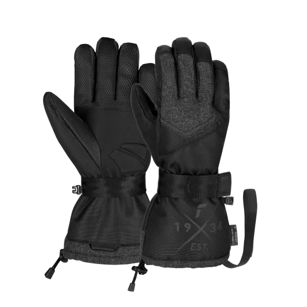Ein Paar schwarze Winterhandschuhe mit verstellbaren Handgelenksriemen.