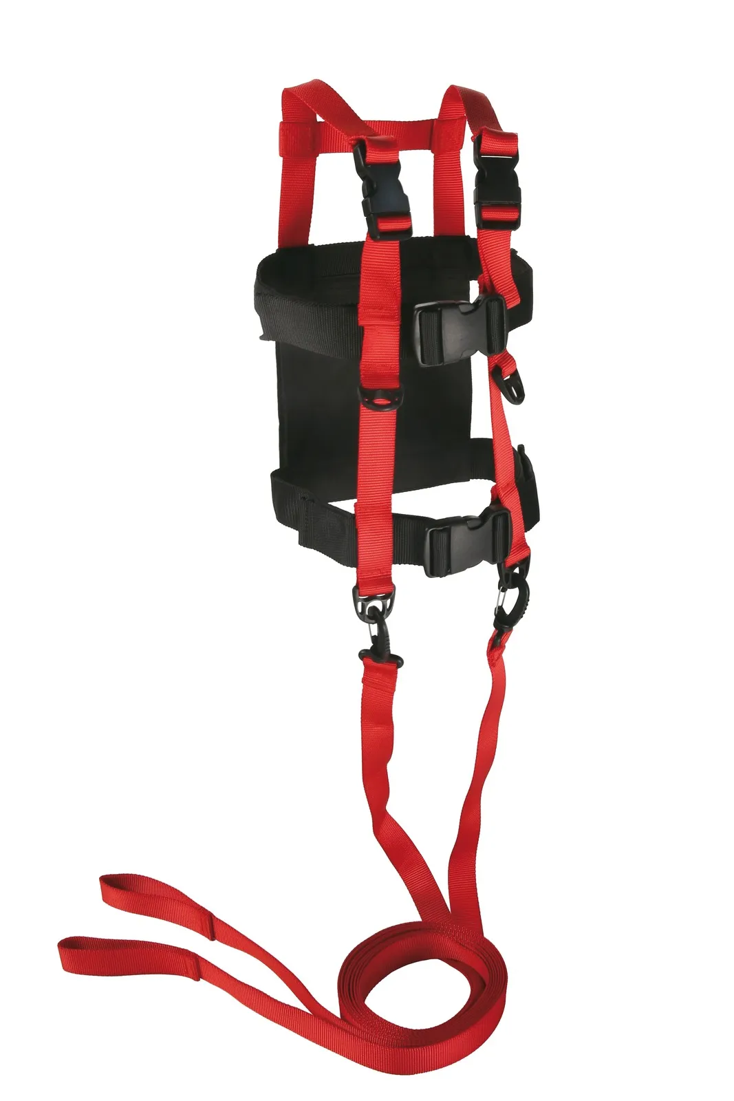 Schwarzes Geschirr mit roten Gurten und Leinen für den Ski Trainer.