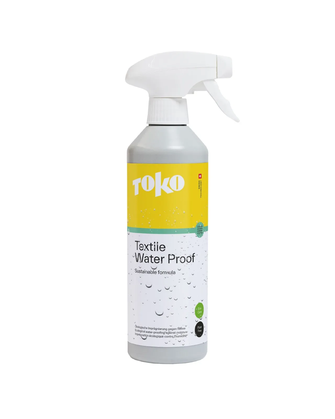 Sprühflasche Toko Eco Care Textile Water Proof, gelbes Etikett mit Wassertropfen-Muster. Umweltfreundliche Imprägnierung.