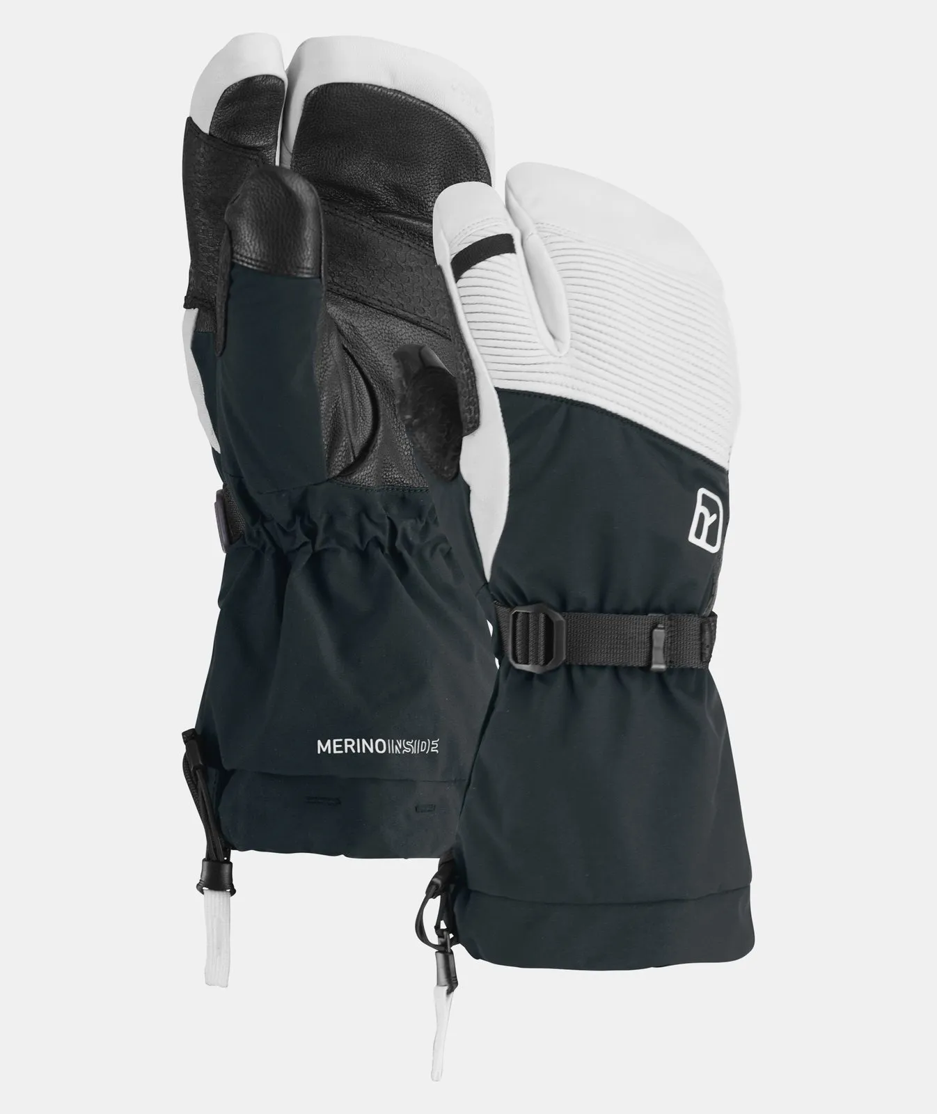 Schwarzer Freeride 3-Finger-Handschuh, mit weißem Oberteil und Merino-Fleece-Innenhandschuh.