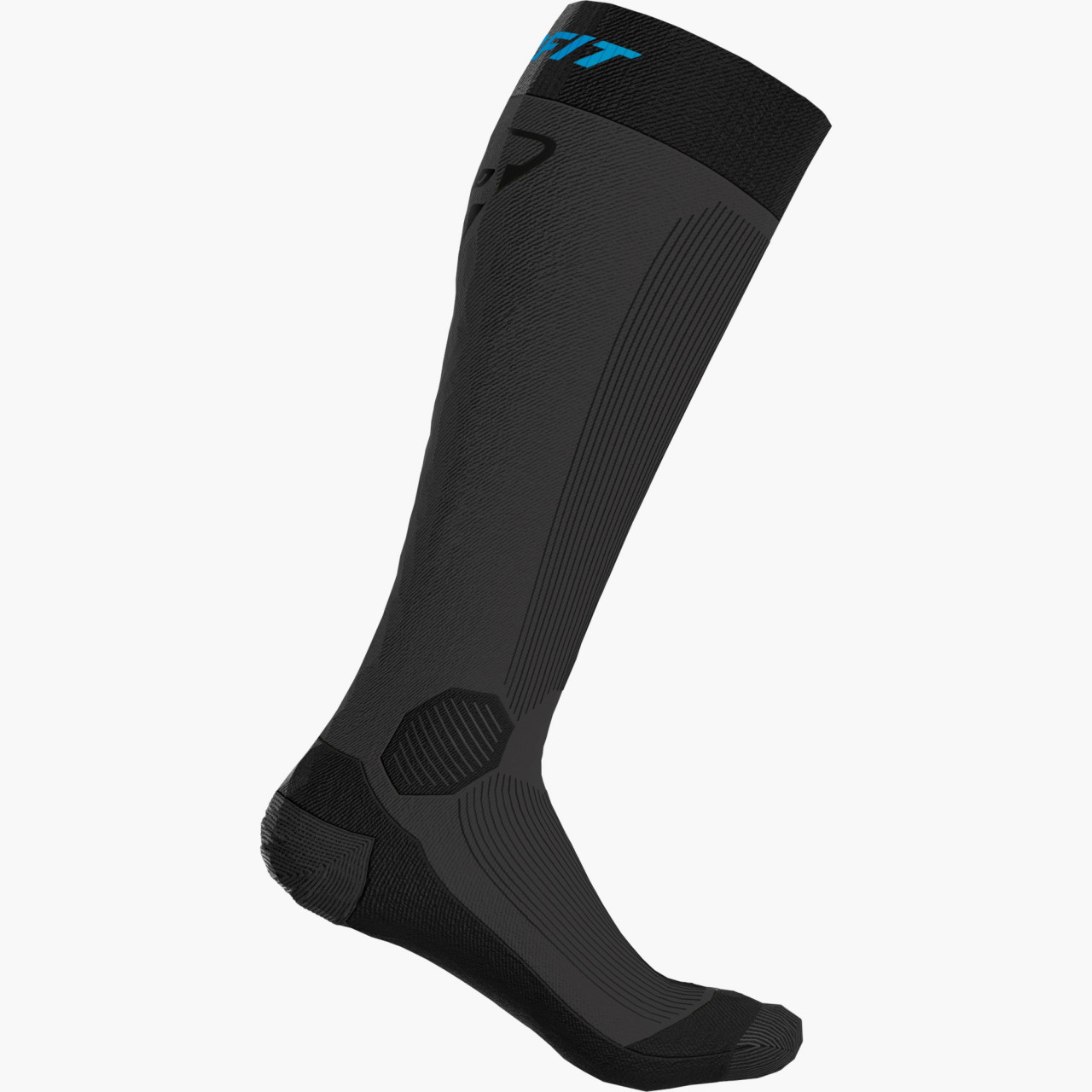 Graue Dynafit Socke Eine lange, graue Dynafit Socke mit blauer Schrift ist auf weißem Grund dargestellt.