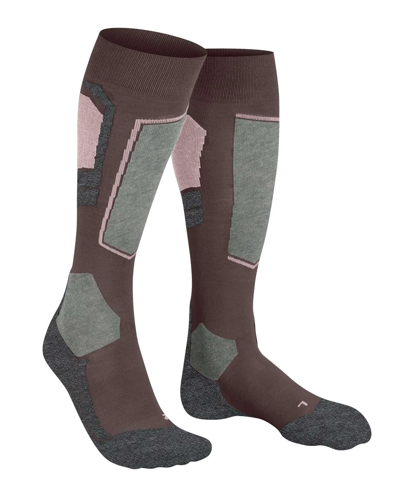 Kniehohe, dunkelbraune Sportsocken mit farblich abgesetzten Funktionszonen. Graue, rechteckige Polster an Schienbeinen und Waden. Rosafarbene Akzente und strukturierte graue Bereiche an Seiten und Knöcheln. Sohlen und Fersen dunkelgrau, verstärkt.