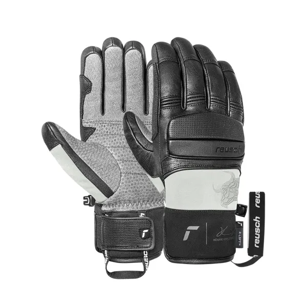 Ein Paar schwarze Reusch-Handschuhe, Handflächen grau mit Punktmuster, Etikett mit "Reusch"-Schriftzug.
