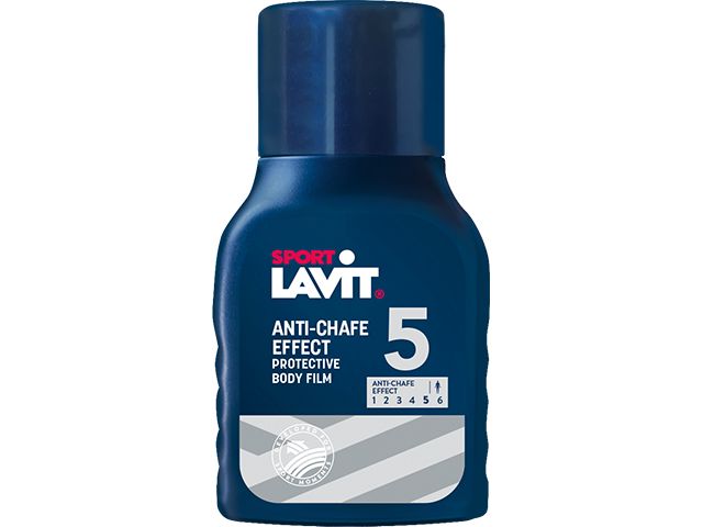 Blaue Flasche Sport Lavit Anti Chafe. Text und eine Skala auf der Vorderseite.