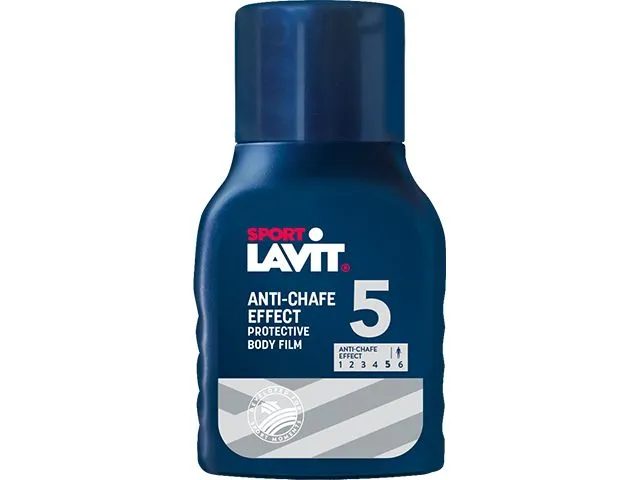 Blaue Flasche Sport Lavit Anti Chafe. Text und eine Skala auf der Vorderseite.