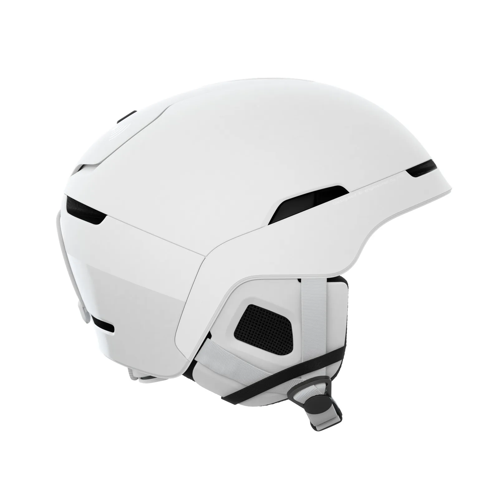 Weißer Skihelm POC Obex BC MIPS mit Kinnriemen und Belüftungsöffnungen in Seitenansicht.