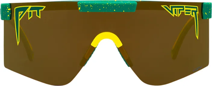 Gold polarisierte Pit Viper Sonnenbrille mit grünen Akzenten und gelben Details im Retro-Stil.