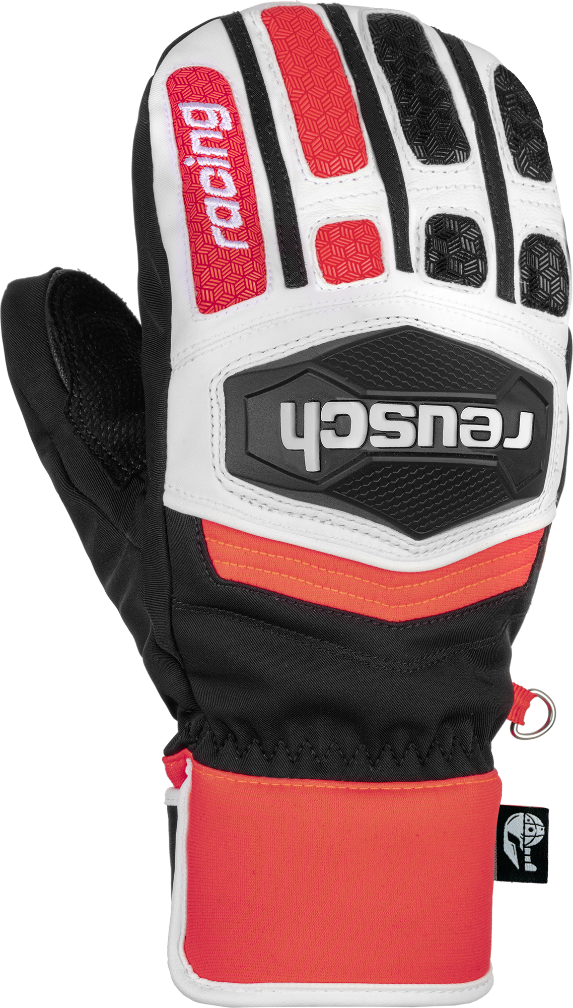 Reusch Worldcup Warrior Junior Detailansicht des Reusch Worldcup Warrior GS Junior Mitten Rennhandschuhs in Schwarz, Weiss und Rot mit Logo.