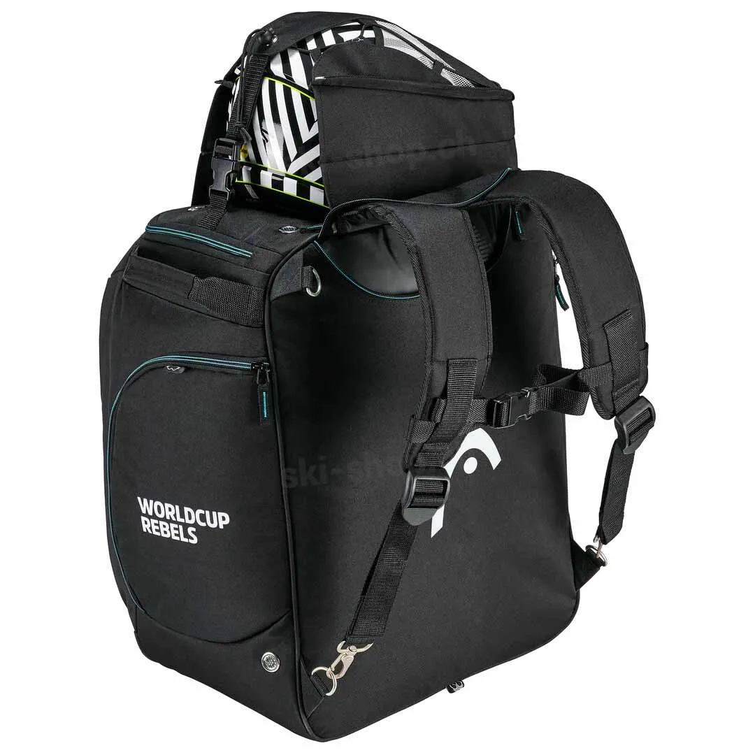 Schwarze Head Heatable Bootbag mit Helm obenauf und Rucksackträgern. "Worldcup Rebels" Schriftzug.