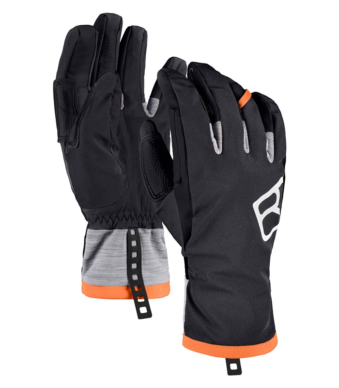 Ortovox Tour Handschuhe Herren Schwarze Ortovox Tour Gloves für Herren, Handflächen aus Leder mit grauem Fleece-Bündchen und orangefarbenem Akzent, seitlich das Ortovox-Logo.