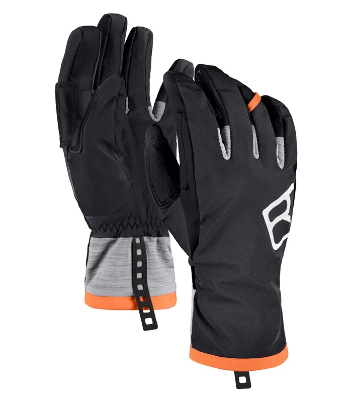Schwarze Ortovox Tour Gloves für Herren, Handflächen aus Leder mit grauem Fleece-Bündchen und orangefarbenem Akzent, seitlich das Ortovox-Logo.