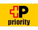 Gelber Hintergrund mit rotem Kreuz neben schwarzem "P", darunter "priority" in Schwarz.