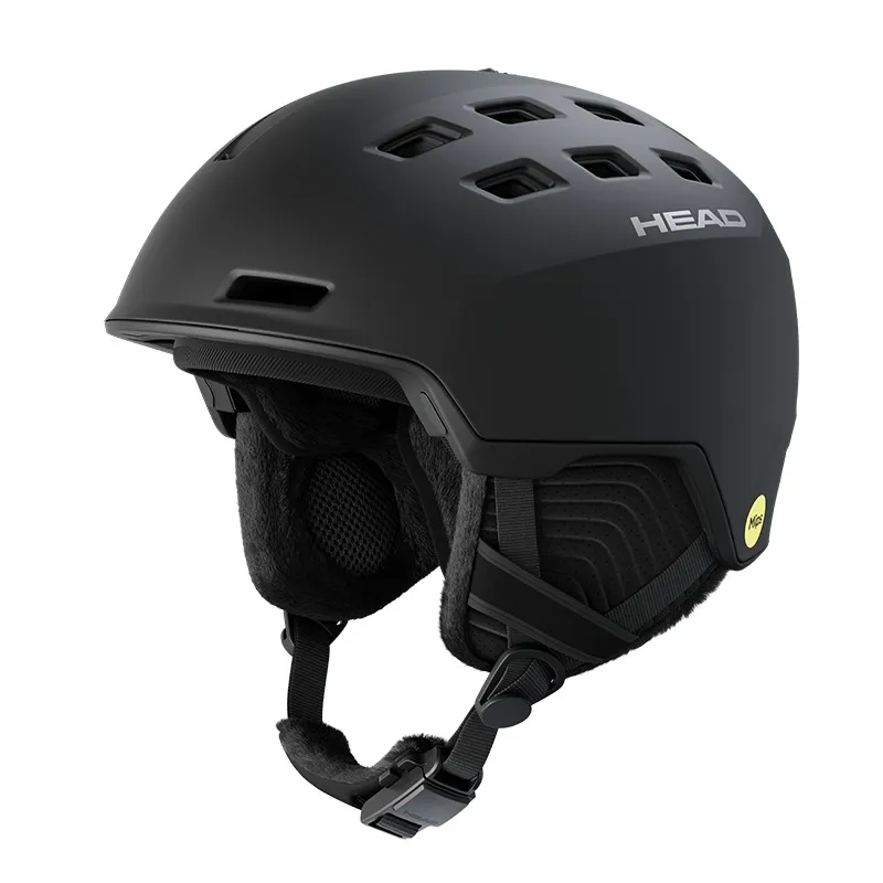 Schwarzer Head REV Mips Skihelm mit Belüftung und Ohrpolstern, seitliche MIPS Kennzeichnung.
