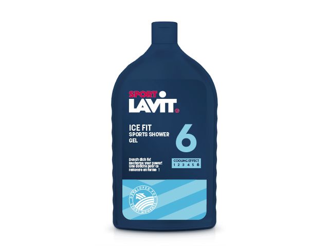Eine blaue, unförmige Flasche Sport Duschgel mit weißem und rotem Text auf einem weißen Hintergrund.