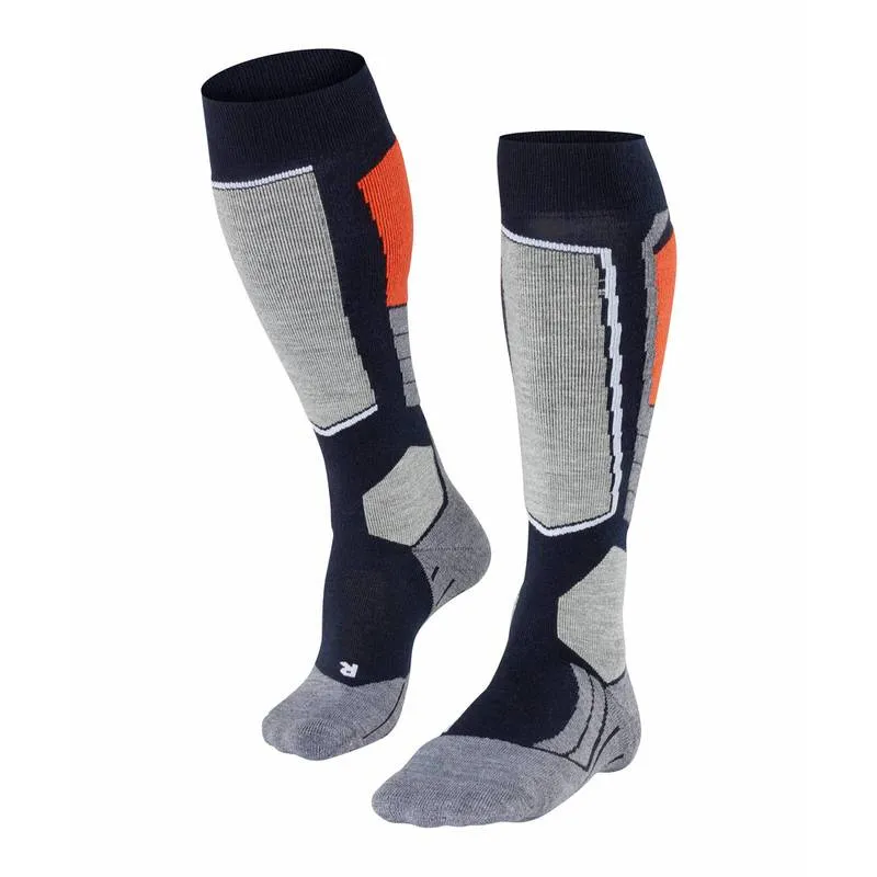 Zwei marinefarbene Falke SK2 Skiing Kniestrümpfe mit grauen, orangen und weißen Akzenten.