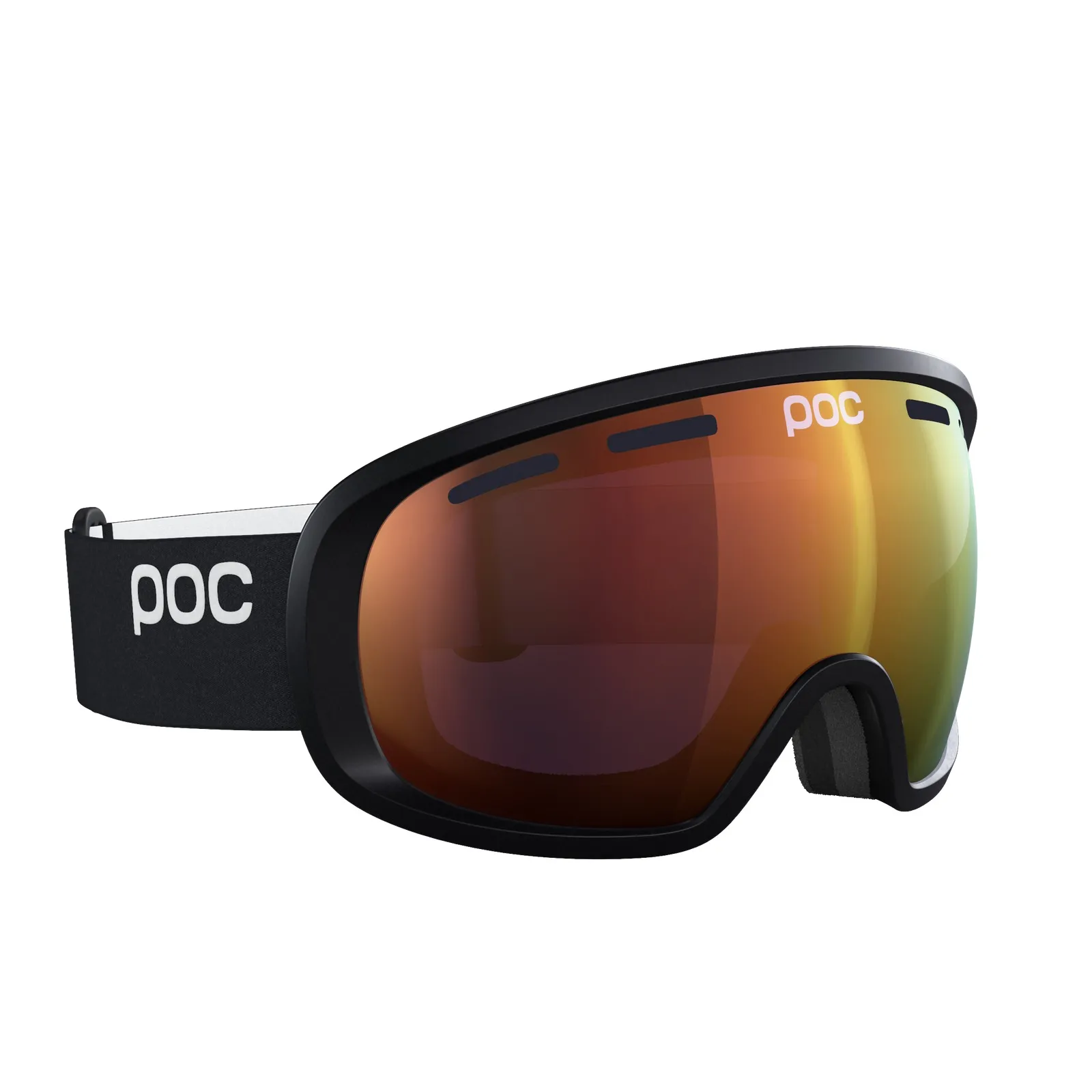 Skibrille POC Fovea Clarity, schwarzer Rahmen, orange-gelbe torische Linse, POC Logo am Brillenband.