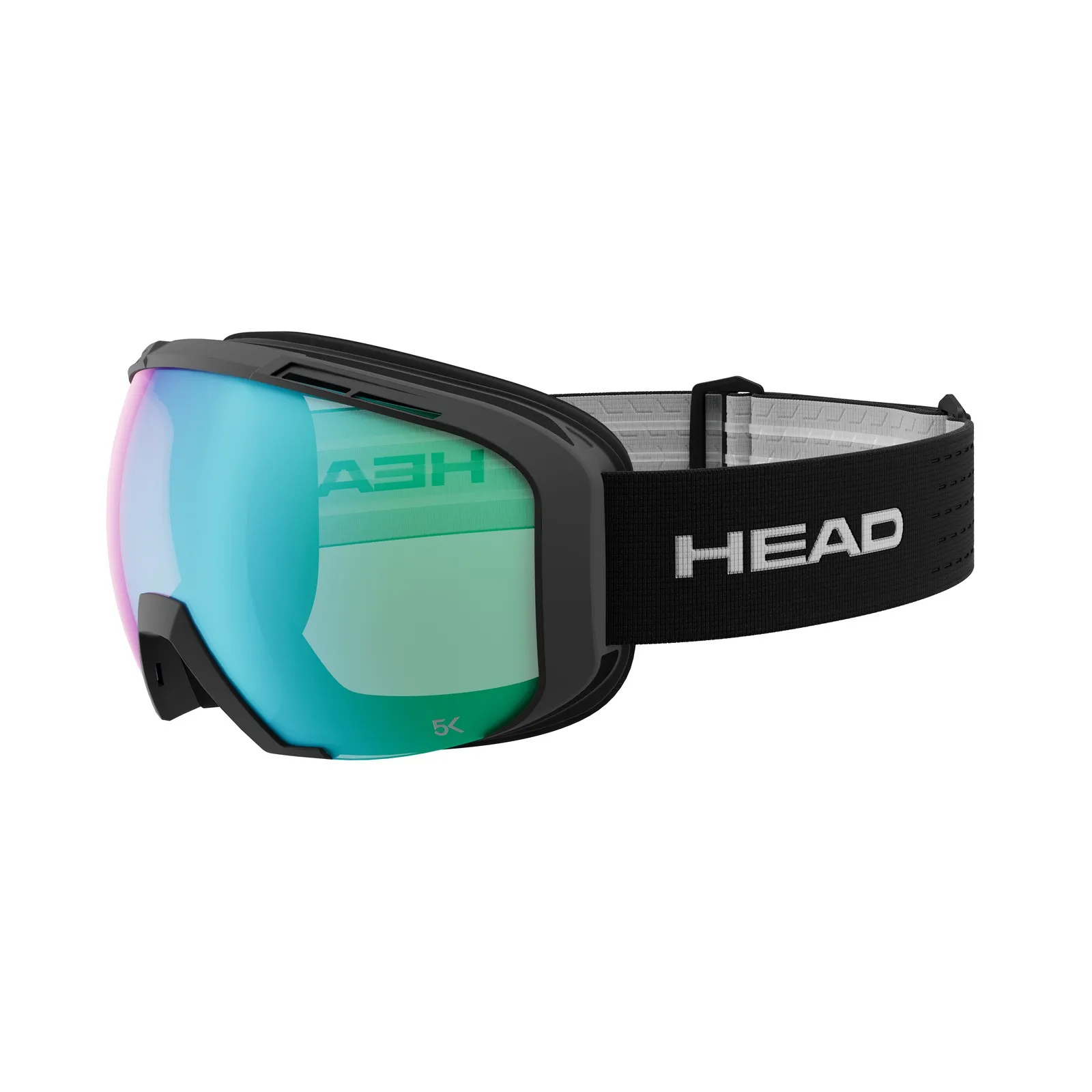 Skibrille Head OTG 5K PHOTO in Schwarz mit farbiger photochromatischer Scheibe und schwarzem Kopfband von der Seite.