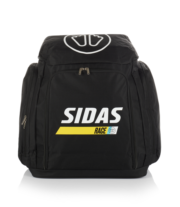 Schwarze Sidas Race Boot Bag, Frontansicht. Logo oben, Schriftzug und gelber Streifen mit "Race" mittig. Reissverschlüsse und Seitentaschen.