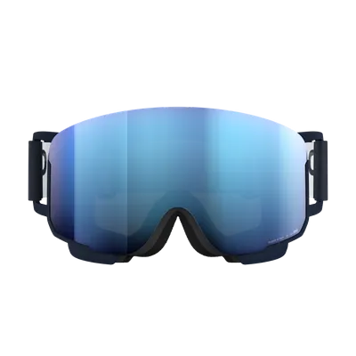 Skibrille mit blau getönter, verspiegelter Linse und dunkelblauem Rahmen, frontal aufgenommen.