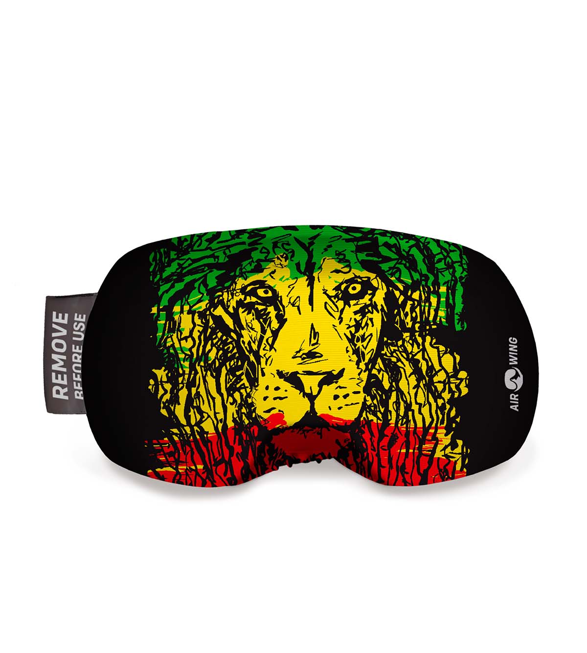 Schwarze Schutzhülle für Skibrille mit Löwenkopf in den Farben Grün, Gelb und Rot. Airwing-Lion Aufdruck.
